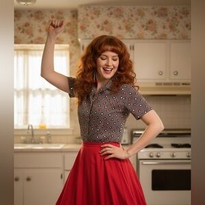 Vintage Popover 1970s Partial Button Short Sleeve Rockabilly Blouse Size 14